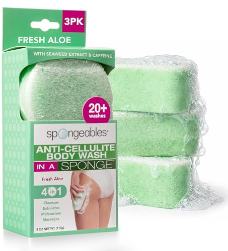 Spongeables Anti-Cellulite Body Wash in a Sponge, Fresh Aloe Scent, Spa Cellulite Massager, Moisturizer and Exfoliator, 20+ Washes, 4 oz Sponge, Pack of 3
