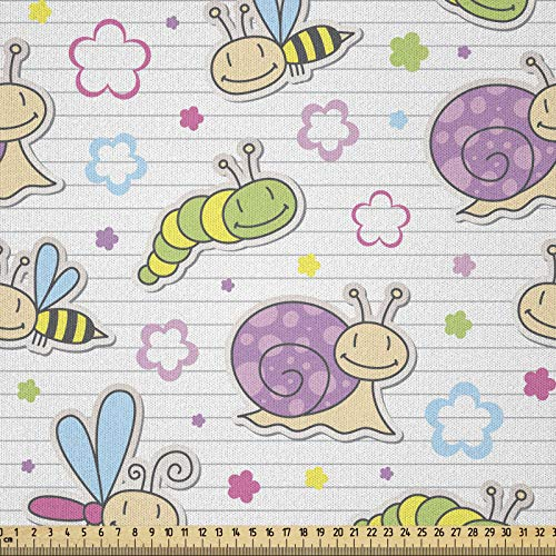 ABAKUHAUS Baby Stoff als Meterware, Insekten Schnecke Caterpillar, Microfaser Stoff für Dekoratives Basteln, 1M (148x100cm),Weiß Beige Lila