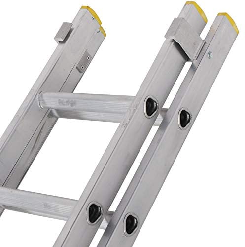 4.5m – 8m Aluminium Double Section Extension Ladders & Stabiliser Bar Feet –34 Rung- Lightweight Metal Construction – Non-Slip Feet & Treads – Ribbed ‘D’ Rungs – Twin/Dual Adjustable Height Ladder