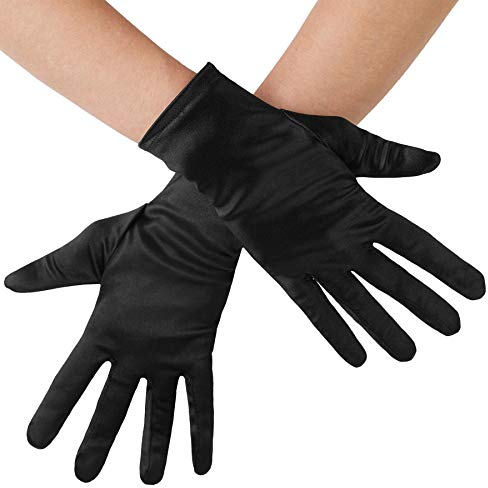 dressforfun 901016 Damen Satin Handschuhe, kurze Satinhandschuhe für Kostüm Fasching Karneval Halloween Hochzeit Fest Party Opera 1920er Accessoires, 23 cm - diverse Farben - (schwarz | Nr. 303656)
