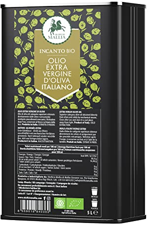 Oleificio Mallia Huile d'Olive Bio - Bidon de 5 Litres d'Huile d'Olive Vierge Biologique, Pression à Froid - Olives d'Origine Italienne - Idéale pour Cuire et Assaisonner tous Types d'Aliments - 5L