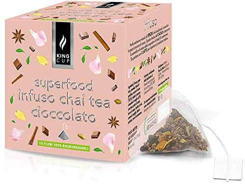 King Cup - Infuso Chai Tea al Cioccolato, 4 Confezioni con 10 Filtri Biodegradabili l'una, Miscela con Mix di Spezie Pungenti e Cioccolato in Scaglie, Superfood 100% Naturale, 40 Filtri