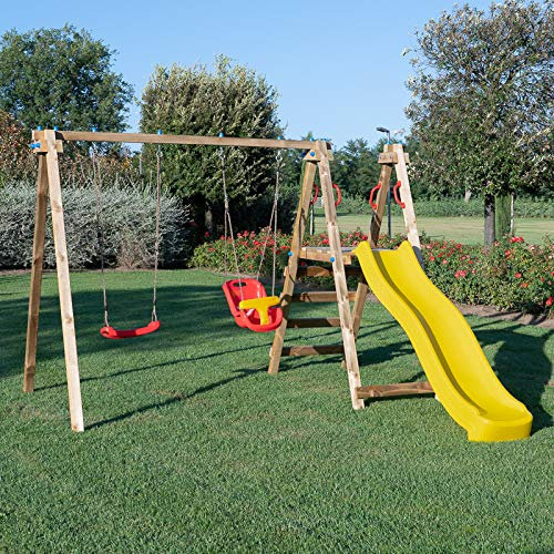 SavinOutdoor Altalena e Scivolo in Legno con 1 Sedile Piano e 1 a Gabbia per Bambini Composizione 2 Standard Parco Giochi con STAFFE di Fissaggio Incluse