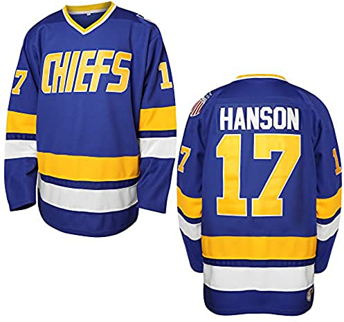 villa Hanson Brothers Hockeytrikot 16 Charlestown Chiefs 17 Jeff Slap Shot 18 Movie Hockeytrikot Blau Weiß S-3XL (17 Blau, X-Large), Blau, XL