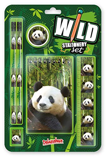 Deluxebase Wild Stationery Set – Panda. Diese lustigen Schulbedarf-Sets enthalten 2 Bleistifte, einen Radiergummi, einen Bleistiftspitzer, EIN Lineal und EIN Notizbuch, Schreibwaren-Set
