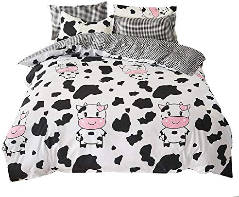 Kinder Mädchen Karikatur Bettbezug 135x200 Kuh Drucken Karikatur Kinder Bettwäsche Set Streifen Dekor Modern Sanft Reversible Tröster Cover Set Für Teen Boys 2 Stück Cartoon Tier Kinder Bettwäsche Set
