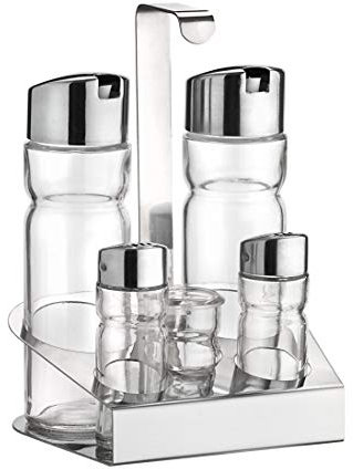 PINTINOX Prima Collection, Oliera 5 pz (Olio, Aceto, Sale, Pepe, Stuzzicadenti), in Acciaio Inox e contenitori in Vetro con Sistema Salva Goccia