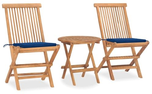 vidaXL Teak Massiv Gartenmöbel 3-TLG. mit Kissen Klappbar Bistroset Tisch Stühle Gartengarnitur Sitzgruppe Balkonset Gartenset Balkonmöbel