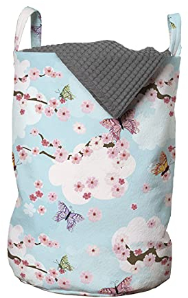 ABAKUHAUS Kirschblüte Wäschesack, Schmetterlinge Sakura, Wäschekorb mit Griffen Kordelzugverschluss für Waschsalons, 33 cm breit x 49 cm hoch, Babyblau