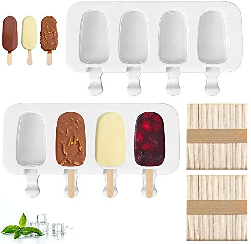 2er-Set Eisformen, 4 Vertiefungen für Eis am Stiel, wiederverwendbare Eisformen aus Silikon, mit 100 Holzstäbchen, mit Einer Reinigungsbürste und Zwei Deckel, BPA-frei, für DIY Stieleis