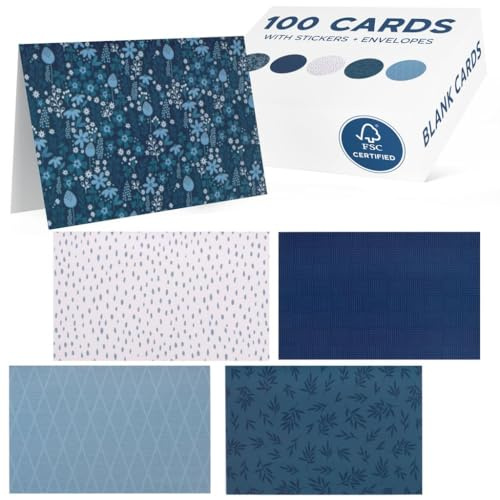 VNS Creations 100 Pack Blank Cards and Envelopes 4x6 - Bulk Blank Greeting Cards with Envelopes & Stickers Inside for All Occasions, Cute Colored Notecards Stationery Set, Assorted Colors Note - Navy