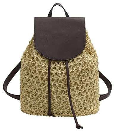 ShopINess Sac à Dos en Paille Tressée Sac en Raphia pour Femme Sac Bohémien pour une Utilisation Quotidienne Voyage Plage (Beige)
