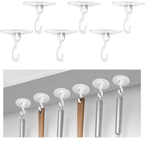 Adhesive Hooks Hanging Ceiling & Wall: Heavy Duty Damage-Free No-Drill Removable Self-Stick Wall Hook 6Pack White Hanger Plants Lights Bags Towels Clothes for Doors Cabinets Showers Bathrooms