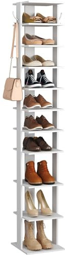 HOMEFORT Vertikales Schuhregal mit 10 Ebenen, Eck-Schuhturm, schmaler Schuh-Organizer mit Zwei Aufhängehaken, Schuhaufbewahrungsständer aus Holz für Eingangsbereich, Flur, Schrank, Weiß
