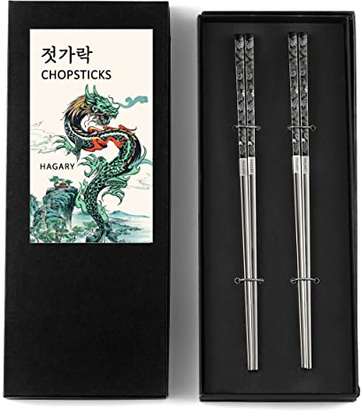 Hagary Dragon Chopsticks Metal Reusable Designed in Korea Japanese Style Stainless Steel 316 18/10 Non-Slip 2 Pairs Dishwasher Safe Laser Etched (Black)
