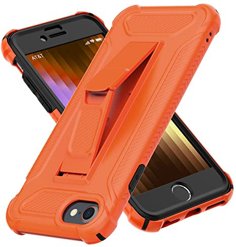 ORETECH iPhone SE 2022/2020 Case With 2 Tempered Glass Screen Protectors, Built-in Kickstand, Military Grade Shockproof 360 Full Body Protective Cover for iPhone 8/7 - Orange