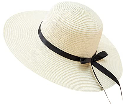 Generic Sonnenhut Damen UPF 50+ Strohhut Faltbarer Sommerhut mit Breiter Krempe und Schleife, Atmungsaktiv Hut Schlapphut Mädchen Strand Mütze UV-Schutz Kappe für Reise, Weiß, Einheitsgröße