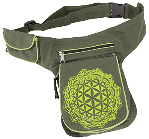 GURU SHOP Stoff Sidebag & Hüfttasche `Flower of Life`, Boho Gürteltasche, Bauchtasche aus Nepal - Olivgrün, Unisex - Erwachsene, Baumwolle, 25x20x4 cm