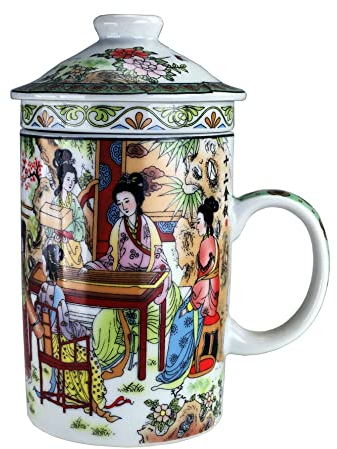 Keramik Teetasse mit Deckel + Sieb für Losen Tee mit Asiatischem Motiv (Mädchen am Tisch, 045) Japanische Chinesische Tasse Für Teeliebhaber, Porzellan Kaffee Geschenk Set Asien Asia Becher Haferl