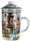 Tasse à thé en céramique avec couvercle + passoire pour thé en vrac avec motif asiatique (fille à table, 045) Tasse chinoise japonaise pour les amateurs de thé, porcelaine, cadeau Asie Avoine