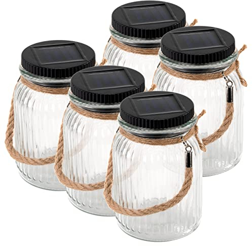 Nexos Trading Solarglas 5er Set mit je 3 LED Solar weiß mit Aufhänger Glas Gartenbeleuchtung Ø 11cm, Höhe 15,5 cm Party Garten Licht für Außen mit Solarpanel Sonnen Energie Beleuchtung