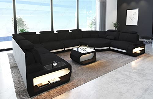 Sofa Dreams Stoff Wohnlandschaft Asti - mit LED Beleuchtung, verstellbare Kopfstützen, Ottomane/Mikrofaser/Ausrichtung wählbar (Große Ecke rechts, Weiss-Schwarz)