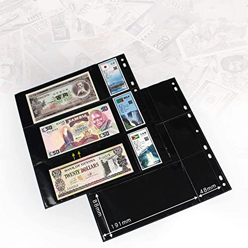 MUROAD Páginas de moneda de 3 bolsillos, 10 páginas 60 bolsillos para billetes, hojas de recarga para coleccionistas, mangas de llenado de 9 agujeros para la carpeta de colección de suministros