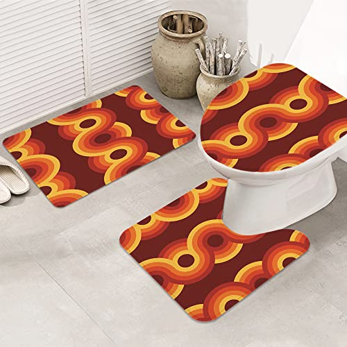 Badematte Badvorleger Set 3-tlg. Teppich, Mode Muster Stil Geometrische 70er Jahre Vintage Texturen Hintergrund Möbel Gr,Toilettensitzdeckel-Abdeckung, rutschfeste Matte, Anti-Rutsch-Pad, Duschmatte