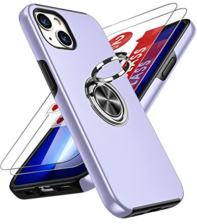 LeYi for iPhone 13 Case : and 2 Tempered Glass Screen Protector, with 360 Ring Holder Stand Magnetic Shockproof Heavy Duty Protective Phone Cover for i Phone 13 Purple