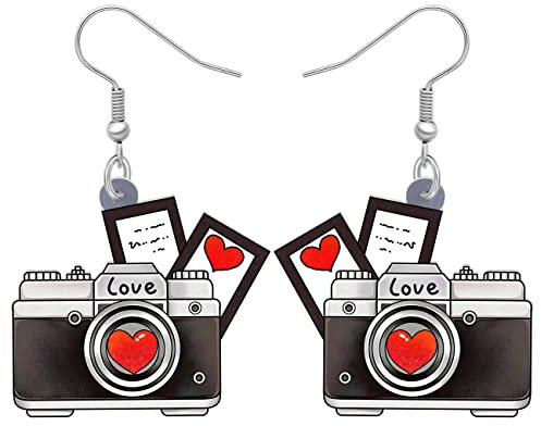 LONYOO Acryl Herz Kamera Vintage Ohrringe Anweisung Baumeln Drop Schmuck Nostalgie Geschenke für Frauen Mädchen Charms (Schwarz Kamera Ohrringe)