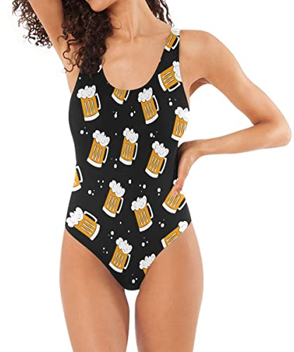 Joitme Beer Mugs on Black Women's One-Piece Swimwear Swimsuits Padded Cup, Ladies Swimsuits S-XL, Medium