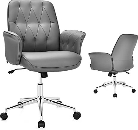 COSTWAY Bürostuhl Kunstleder, Ergonomischer Schreibtischstuhl, Höhenverstellbarer Drehstuhl mit Armlehnen, für Homeoffice, Büro, Gepolsterter Computerstuhl, Chefsessel drehbar, Grau