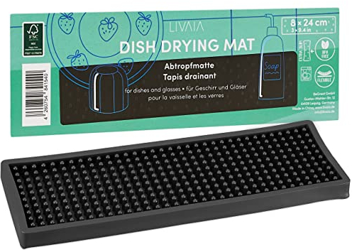 LIVAIA Tapete de Goteo de Silicona: Organizador de Fregadero para Cocina - Tapete para Cafetera y Bar - Apto para Lavavajillas - Escurridor de Platos - Accesorio de Cocina - 8x24 cm - Negro