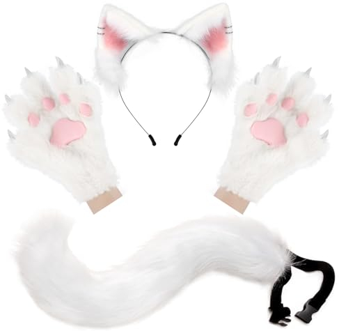 hbbhml flauschige Ohren Schwanz und Katze Pfoten Handschuhe Set Cosplay Kostüm Zubehör für Halloween Weihnachten Karneval Party verkleiden