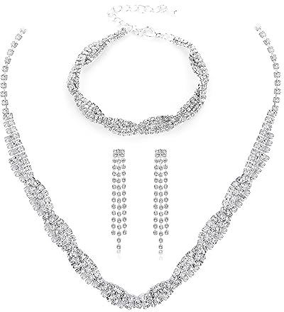 FDEETY Schmuckset Damen Brautschmuck Schmuck Hochzeit Set Hochzeitsschmuck Braut Strass Kristall Halskette Armband Anhänger Ohrring Set Kostüm Schmuck Set Braut Hochzeit Party (Silber-1)
