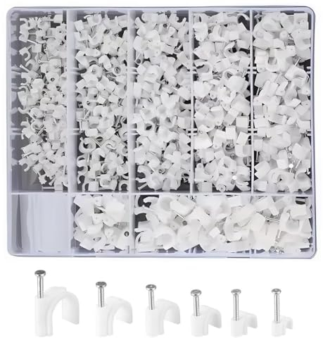 SYDARSYN 600 Pièces Clips de Câble Rond, Blanc Câble Clips Mur Attaches Câbles avec Clou en Acier Fixation de Câble Mural 4mm 5mm 6mm 7mm 8mm 10mm