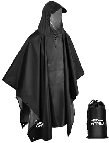 Regenponcho Damen und Herren - Regencape Wasserdicht mit Kapuze, Leichter & Wiederverwendbar 3 in 1 Multifunktional Regenjacke für Wandern, Picknick, Camping (Schwarz)