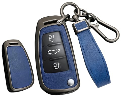 TECART Leder Klapp Autoschlüssel Hülle Cover Passt für Audi A1 A3 A4 A6 A8 Quattro Q2 Q3 Q7 S3 S6 RS3 RS6 R8 TT TTS Tragbar Smart Schutzhülle Schlüsselcover Zubehör 3 Taste B Schwarz Blau