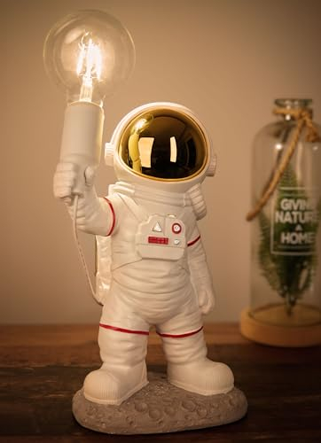 BRUBAKER Astronauten Tischlampe - 40 cm Weltraum Nachttischlampe mit E27 Fassung und USB-C Stecker - Handbemalte Raumfahrt Dekofigur Statue - Weiß und Gold