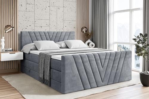 ALTDECOR Boxspringbett mit Matratze und Lattenrost, Topper, Fußteil,Polsterbett mit Bettkasten, Bett mit Stauraum H3- und H4- Matratze, Doppelbett - ERNINA-Z King - 140x200 - Grau Samt
