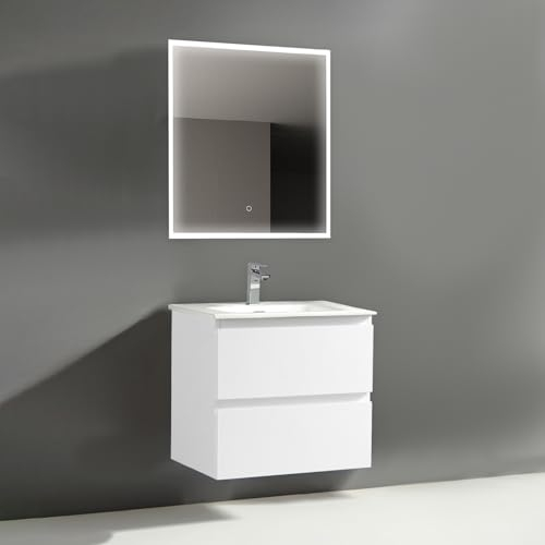 Alpenberger Waschbecken mit Unterschrank 60 cm Breit | Badezimmer Möbel 3 Teiliges Set mit Badezimmerspiegel | Waschtisch Gäste WC | Bad Spiegel mit LED Licht (Weiss)