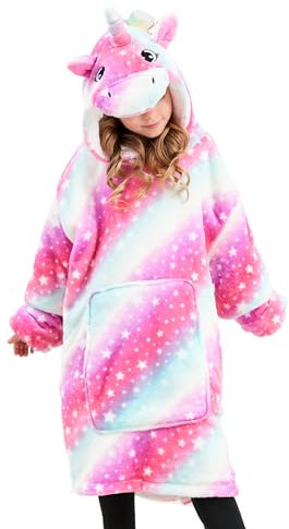 Piefry Einhorn Kapuzenpullover für Mädchen, Einhorn Kapuzensweatshirt, Übergroße Hoodie Decke für Kinder (Rosa/Lila Sterne, 5-6 Jahre)