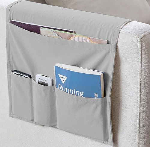 KICPUK Sofa Kleine Aufbewahrungstasche,Magazin Fernbedienung Bücher Zeitschriften Platzsparend Doppelseitige Canvas Sessel Hängende Organizer mit mehreren Fächern für Sofa,Stuhl Sessel Tasche(Grau