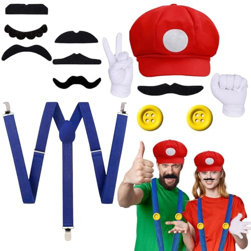 Accesorios de Disfraz de Mari, Gorra de Mari y Luig, Gorra Mari Bros, Mari Bros Gorra, Accesorios de Disfraz de Mari con Guantes, Bigote, Botones, para Navidad, Carnaval, Cosplay y Halloween (A)