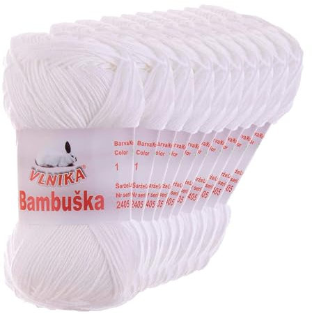 10 x 50g Häkelgarn Bambuska Sommergarn Strickgarn Baumwolle Viskose unifarben, Farbwahl, Farbe:001 weiß