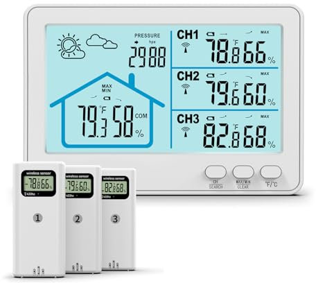 Stazione Meteo con 3 Sensore Esterno, barometro termometro e igrometro,Stazione Meteo Termometro Igrometro Interno Metereologica,Termometro Digitale Igrometro Umidità Con Previsioni Meteo,