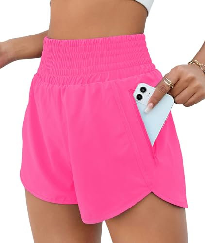 Oheyeseker Short Sport Femme Taille Haute Short pour Femme avec Poche Zippée Short Femme Sport Séchage Rapide(S, Rouge Rose)