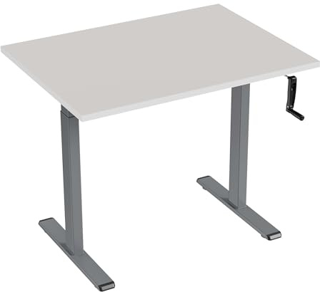 Eigentlich Höhenverstellbarer Schreibtisch manuell mit Kurbel, Steh-Sitztisch Gestell Silber, Bürotisch verstellbar von 72,5 bis 120,5 cm, Produktionstisch (Lichtgrau, 100 x 80 cm)