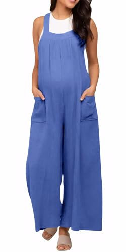 FEOYA Salopette Femme Enceinte Grossesse Jambe Large Maternité Combinaison Amples Pantalon à Bretelles Bleu XL