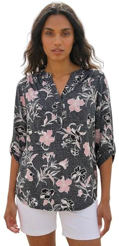 Roman Shirt for Women UK Ladies Top Collarless Blouse Stretchy Tunic Smart Casual Autumn Winter Jersey 3/4 Length Sleeve Notch V Neck Flattering Office Work - Size 16 - Pink Grey Floral